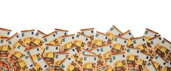 a heap of 50 euro banknotes on a white background for banner, panorama or border