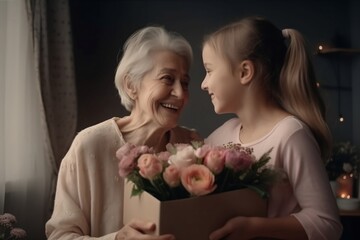 Celebrating Grandma on Mothers Day. Mom's Birthday. Special day with flower bouquet. Grandchildren's love. Generative AI