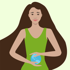 A smiling girl holds the planet Earth in her hands. Vector illustration in green tones