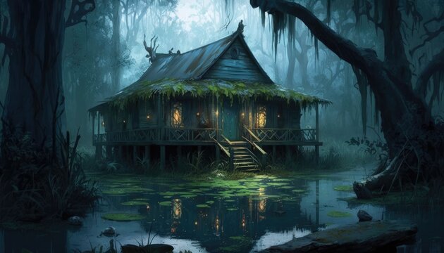 A gloomy witch's house in a swamp in the forest