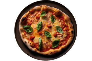 Pizza Quattro Formaggi On Black Plate, Top View. On An Isolated Transparent Background, Png. Generative AI