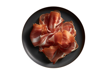 Prosciutto Di Parma On Black Plate, Top View. On An Isolated Transparent Background, Png. Generative AI - obrazy, fototapety, plakaty