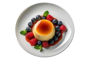 Panna Cotta On White Plate, Top View . On An Isolated Transparent Background, Png. Generative AI
