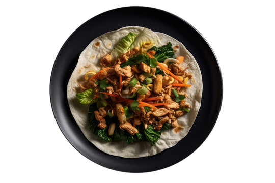 Moo Shu Chicken On Black Plate, Top View. On An Isolated Transparent Background, Png. Generative AI