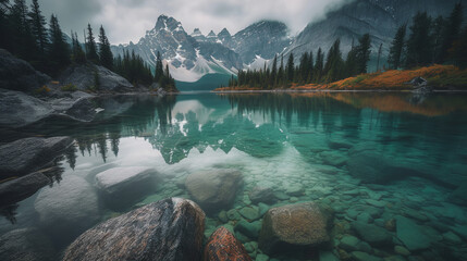 Panorama of a lake in Banff National Park, Alberta, Canada. ai generative - obrazy, fototapety, plakaty
