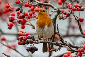 Selective focus of a European robin perched on a rowan berry branch and holding a berry with beak