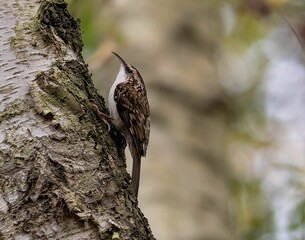 Selective focus of a bar-tailed treecreeper on a tree trunk with blurred background