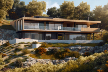 Fototapeta na wymiar Professional house design, aerial view a modern house. Generative AI