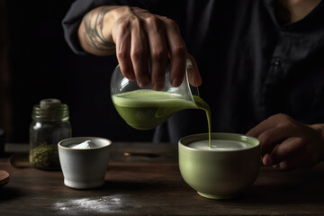Person Pouring Steamed Milk Into Matcha Latte. Generative AI