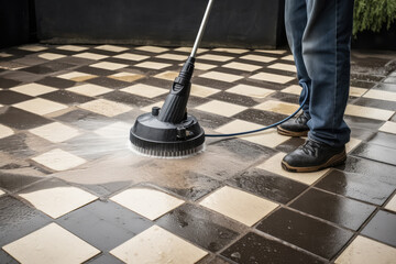 A Man Washes A Street Tile With A High-Pressure Washer. Generative AI