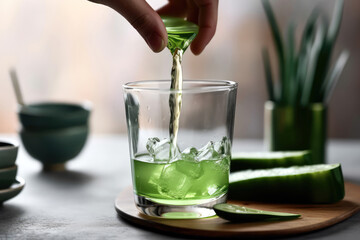 Person Pouring Aloe Vera Juice Into Glass. Generative AI