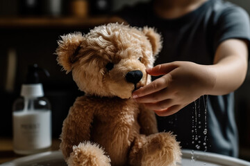 Child Washing Stuffed Animal With Soap Solution. Generative AI
