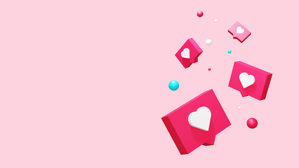 Pink social media like notification icons with 3D white hearts floating