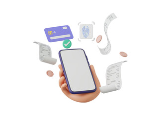 3D cartoon hand holding smartphone with bill payment, business finance and online shopping concept or privacy security and encryption system, 3D render illustration