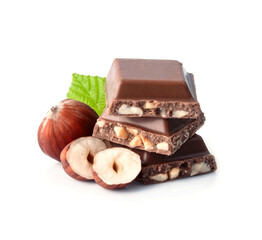 Chocolate with hazelnuts on white backgrounds.