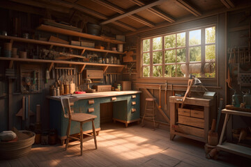 Tool shed filled with furniture and a workbench. Generative AI