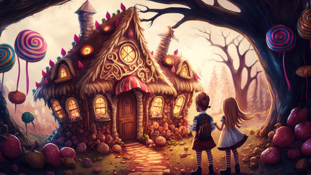 Illustration of the fairy tale Hansel and Gretel. The children's arrives at the gingerbread house. Fantasy Painting. Generative AI