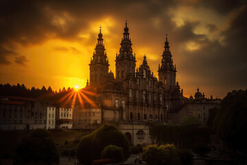 Fototapeta na wymiar Sunset at the Cathedral of Santiago de Compostela. Generative AI