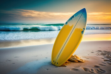 Beautiful surfboard on the beach background. Generative AI