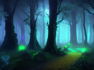 Fantasy forest scene with shimmering lights in the evening. Generative AI.