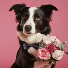 Fototapeta premium ボーダーコリーと薔薇の花 | border collie and rose flower Generative AI