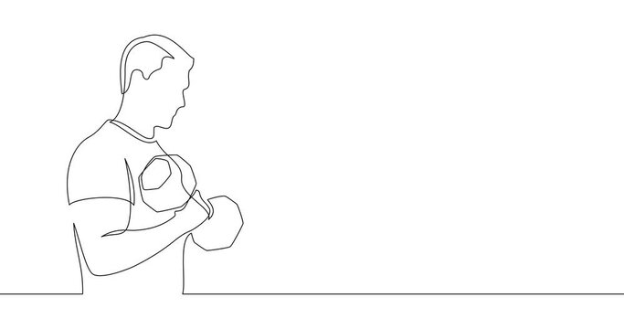 Animation of an image drawn with a continuous line. The man performs an exercise with a dumbbell. Athlete trains.
