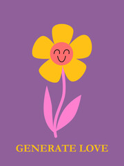 Cartoon smiling groovy flower. 70s retro vintage plant. Nostalgia concept. Wall art print, poster, card