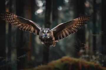 Tableau sur aluminium  The Eurasian eagle-owl flying in the forest in the mountains. Generative AI  © Andrii 