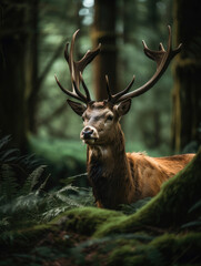 Red deer stag in forest. Generative AI