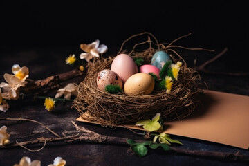 Colored easter eggs in wicker basket on a light wooden background. Easter basket. Generative AI