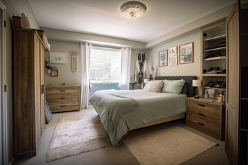 Fototapeta na wymiar Light, cute and cozy home bedroom interior. Generative AI