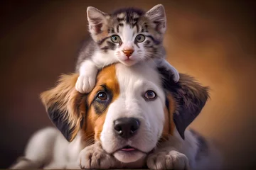 Tuinposter Mixed breed dog and cat friends portrait, Adorable kitten and dog together in studio on a brown background, digital art, ai generated © MiroArt
