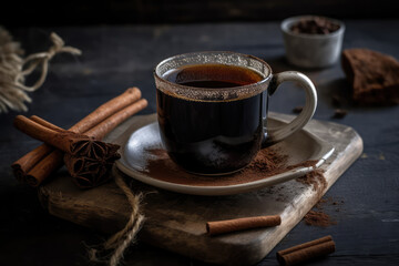 Steaming Mug Of Chaga Tea With Cinnamon Sticks. Generative AI