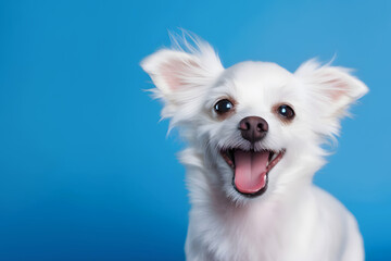 Happy puppy dog isolated on blue background, copy space for text, digital art, ai generated