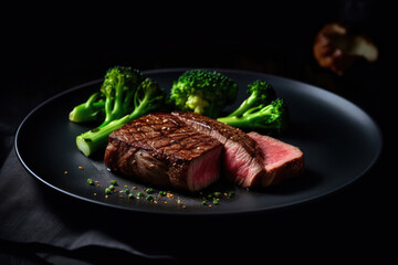 Beef With Broccoli On Black Plate, Top View. Generative AI
