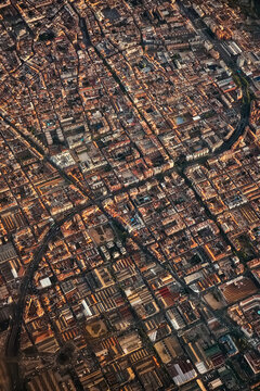 A panoramic view from above, from a plane or from a drone of a city of a Spain. Concept: Barcelona from above. Sabadell from above.