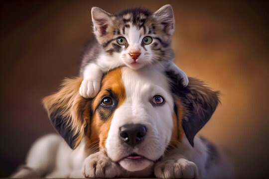 Mixed breed dog and cat friends portrait, Adorable kitten and dog together in studio on a brown background, digital art, ai generated