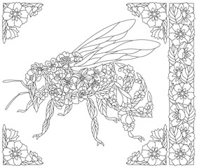 Floral bee. Adult coloring book page with fantasy animal and flower elements.