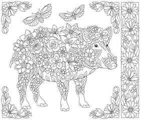 Floral pig. Adult coloring book page with fantasy animal and flower elements.