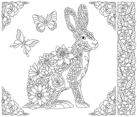 Floral rabbit. Adult coloring book page with fantasy animal and flower elements.