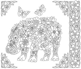 Floral hippo. Adult coloring book page with fantasy animal and flower elements.