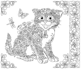 Floral kitten. Adult coloring book page with fantasy animal and flower elements.