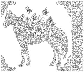 Floral horse. Adult coloring book page with fantasy animal and flower elements.