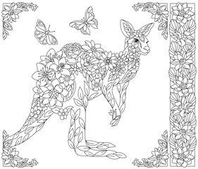 Floral kangaroo. Adult coloring book page with fantasy animal and flower elements.