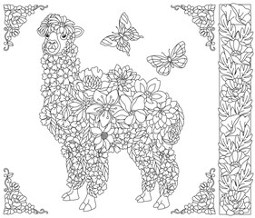 Floral llama alpaca. Adult coloring book page with fantasy animal and flower elements.