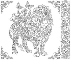 Floral lion. Adult coloring book page with fantasy animal and flower elements.
