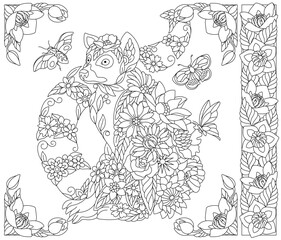 Floral lemur. Adult coloring book page with fantasy animal and flower elements.