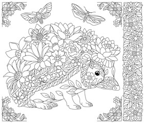 Floral hedgehog. Adult coloring book page with fantasy animal and flower elements.