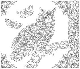 Floral owl. Adult coloring book page with fantasy animal and flower elements.