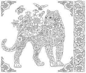 Floral panther. Adult coloring book page with fantasy animal and flower elements.